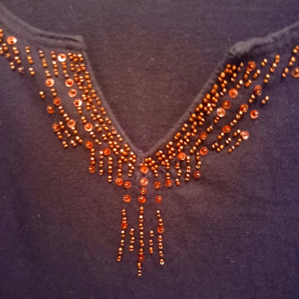 ONQUE WOMAN 5X BLACK W/ COPPER BEADS SECQUENCE TOP BLOUSE SHIRT